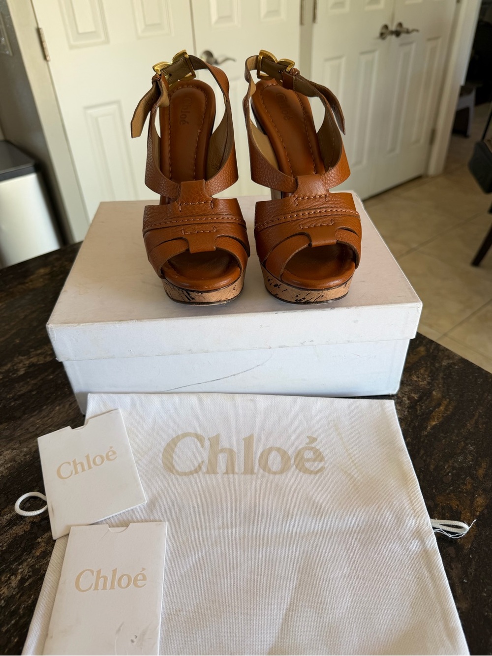 Chloé Tan Leather Cork Wedge Sandals - Picture 3 of 9